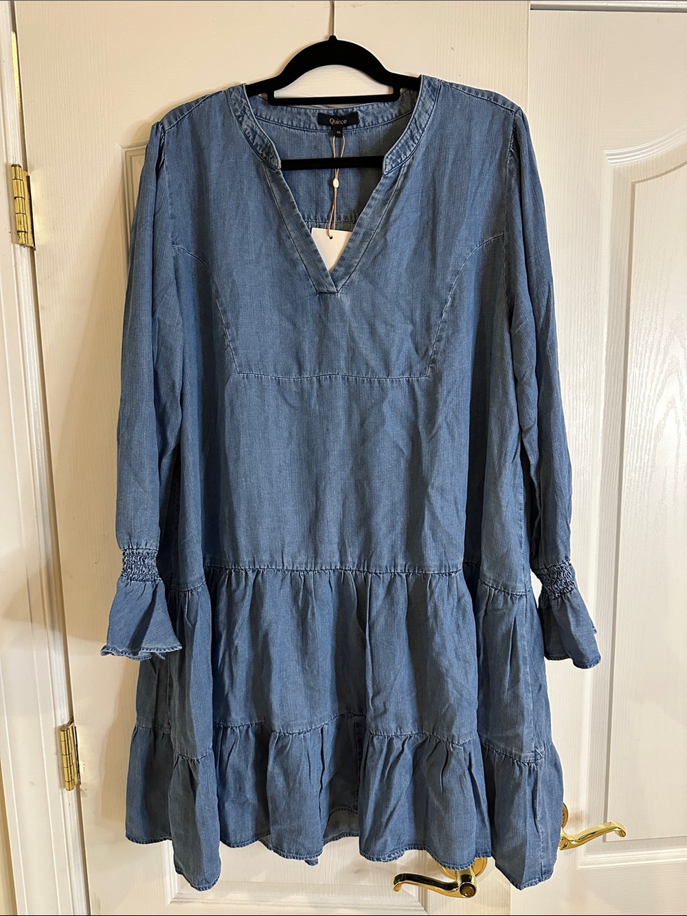 Quince Blue Tiered V-Neck Long Sleeve Dress